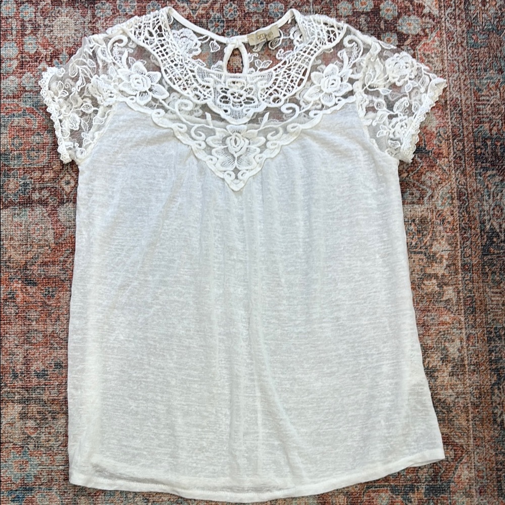 Cream Lace Bib Collar Short Sleeve Blouse